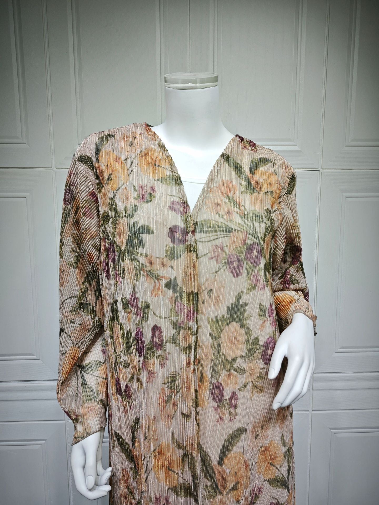 Mq231Modest Women's Long-Sleeved Pleated Cardigan Printed Coat with Outer Robe