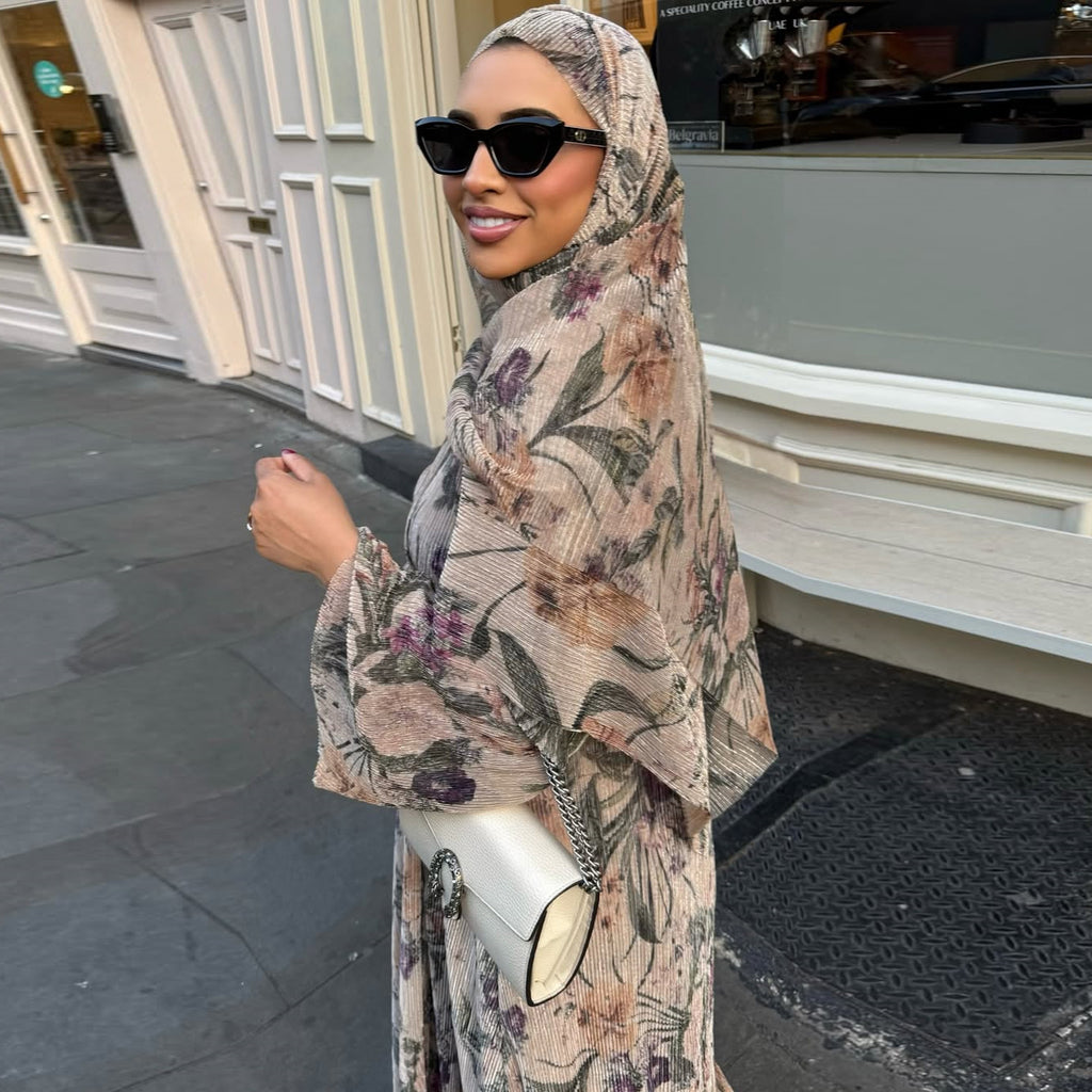 Mq231Modest Women's Long-Sleeved Pleated Cardigan Printed Coat with Outer Robe