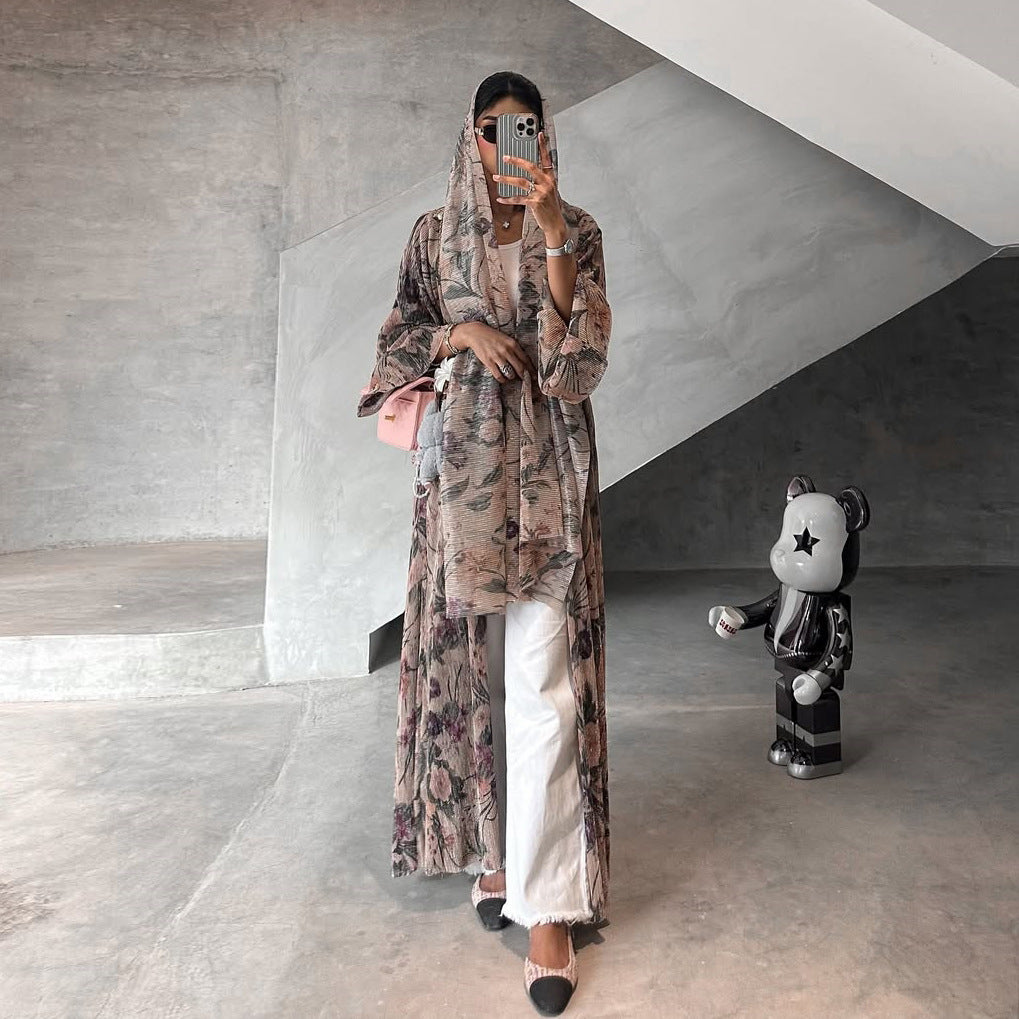 Mq231Modest Women's Long-Sleeved Pleated Cardigan Printed Coat with Outer Robe