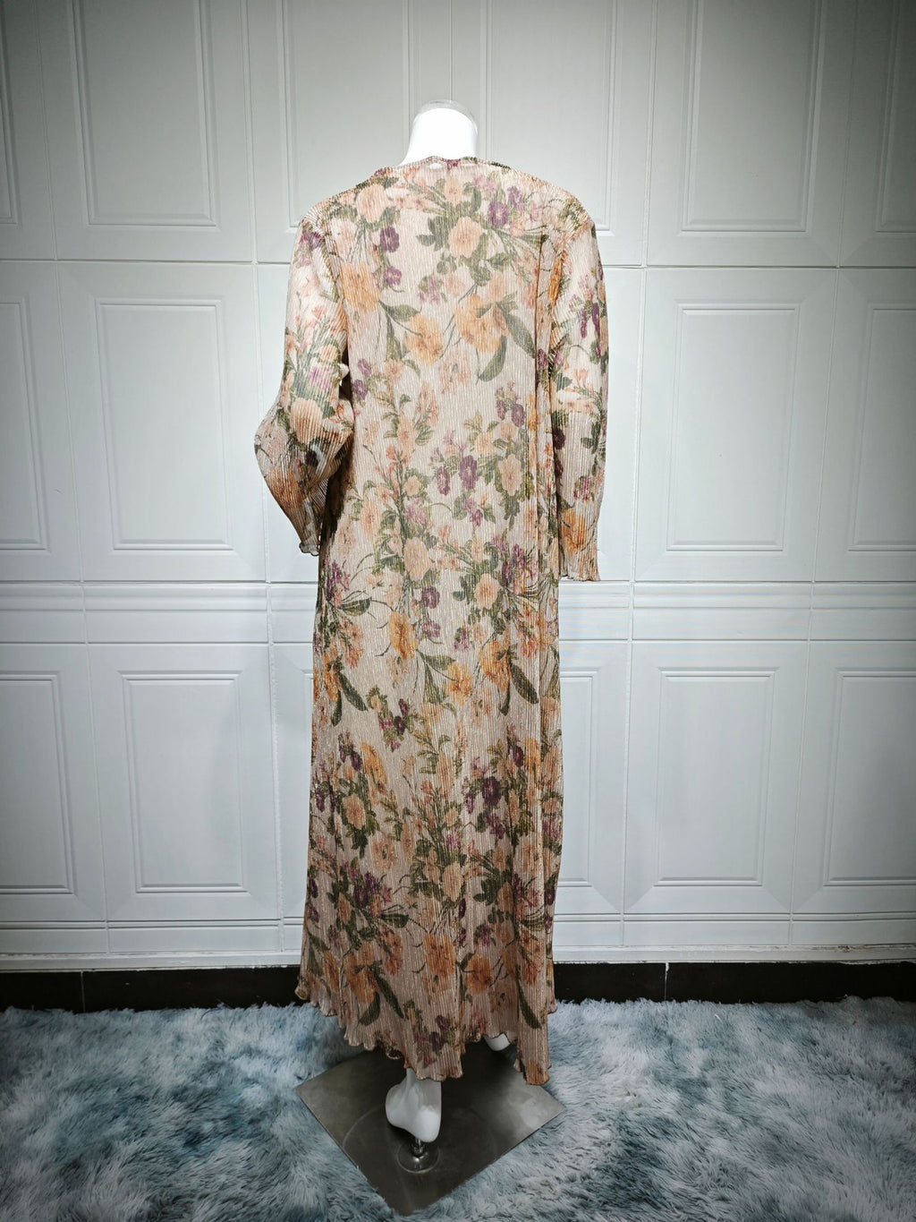Mq231Modest Women's Long-Sleeved Pleated Cardigan Printed Coat with Outer Robe