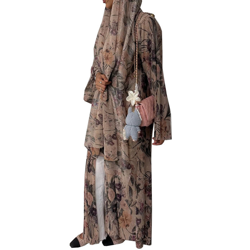 Mq231Modest Women's Long-Sleeved Pleated Cardigan Printed Coat with Outer Robe