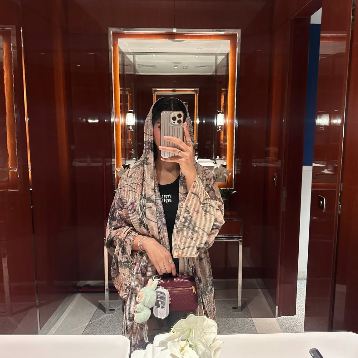 Mq231Modest Women's Long-Sleeved Pleated Cardigan Printed Coat with Outer Robe