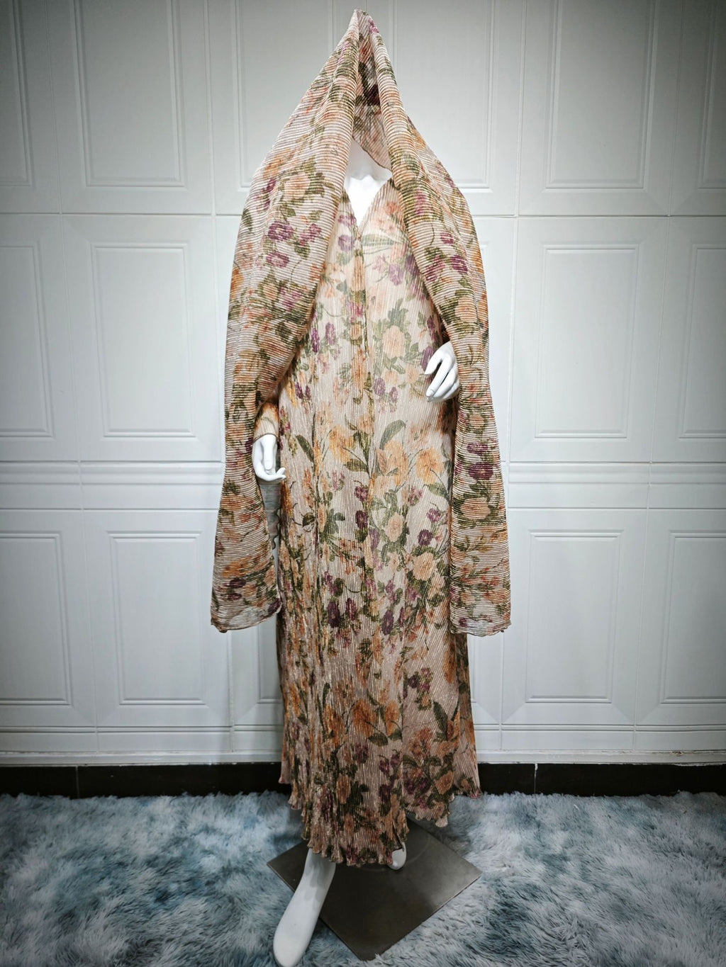 Mq231Modest Women's Long-Sleeved Pleated Cardigan Printed Coat with Outer Robe