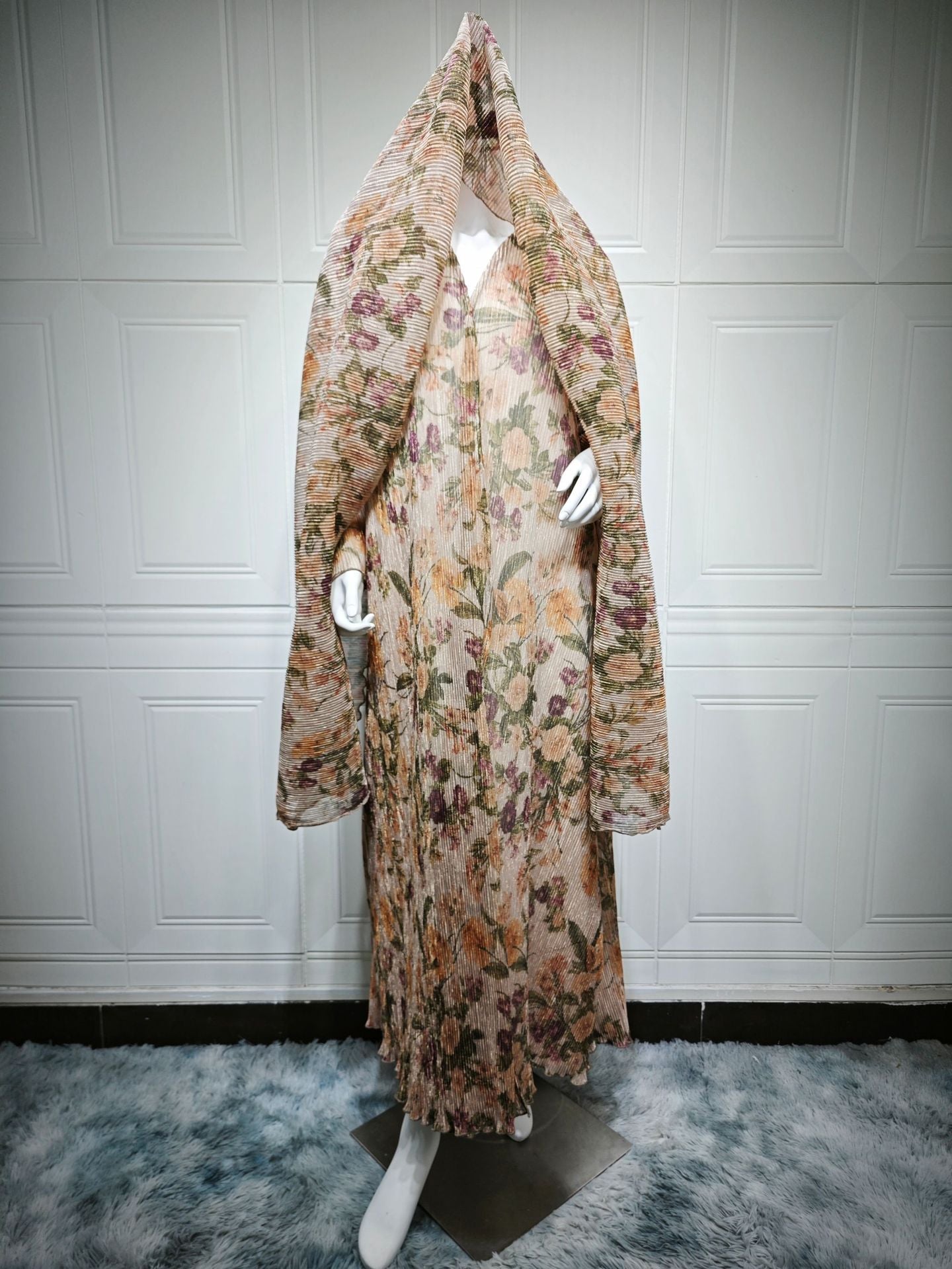 Mq231Modest Women's Long-Sleeved Pleated Cardigan Printed Coat with Outer Robe