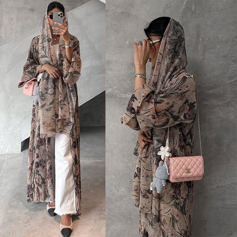 Mq231Modest Women's Long-Sleeved Pleated Cardigan Printed Coat with Outer Robe