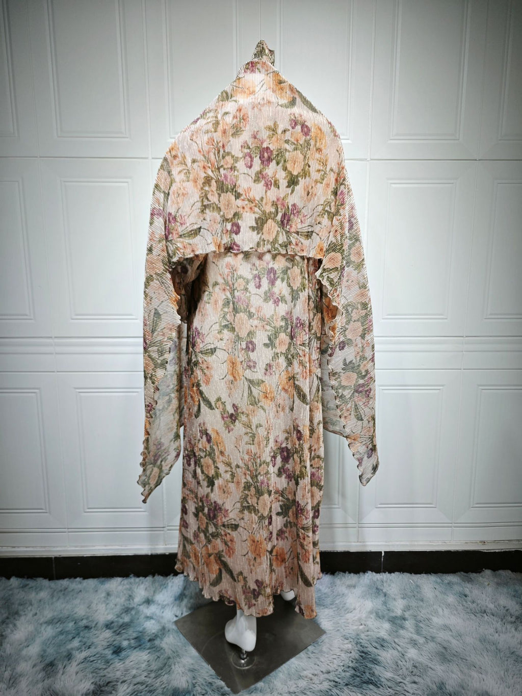 Mq231Modest Women's Long-Sleeved Pleated Cardigan Printed Coat with Outer Robe