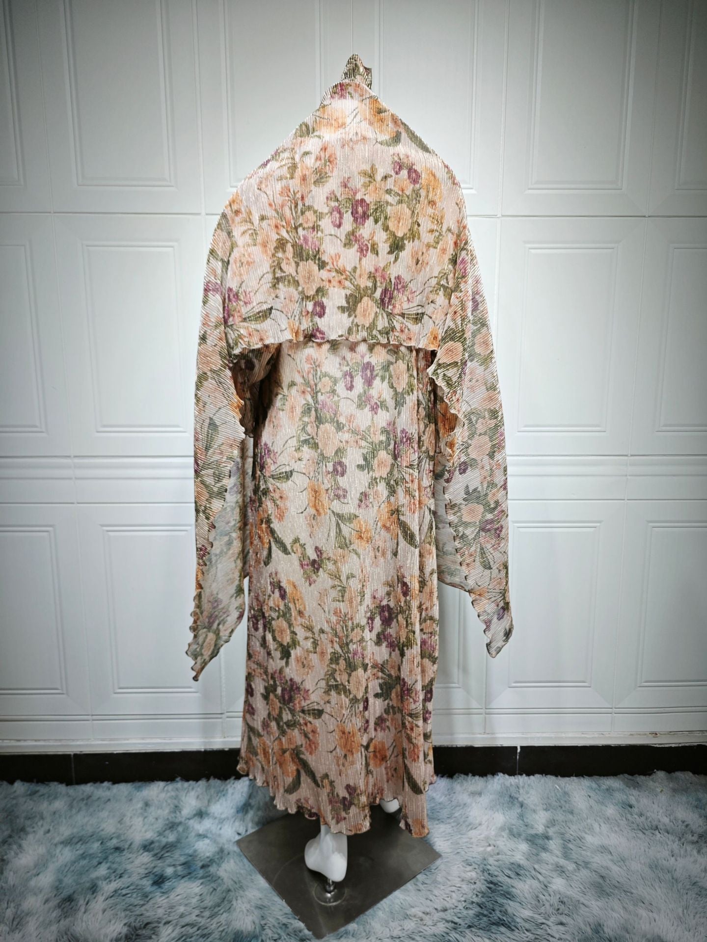 Mq231Modest Women's Long-Sleeved Pleated Cardigan Printed Coat with Outer Robe