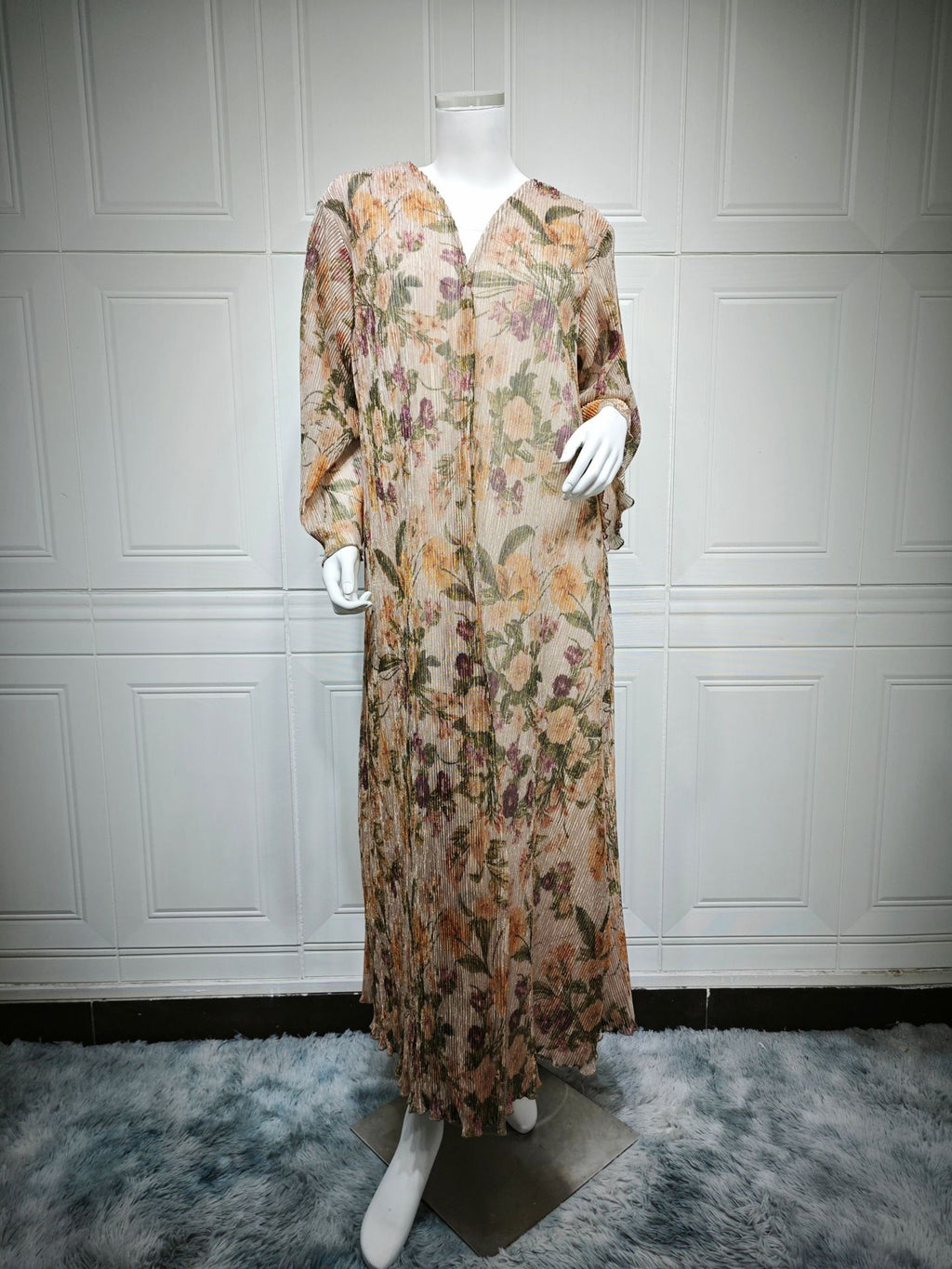 Mq231Modest Women's Long-Sleeved Pleated Cardigan Printed Coat with Outer Robe