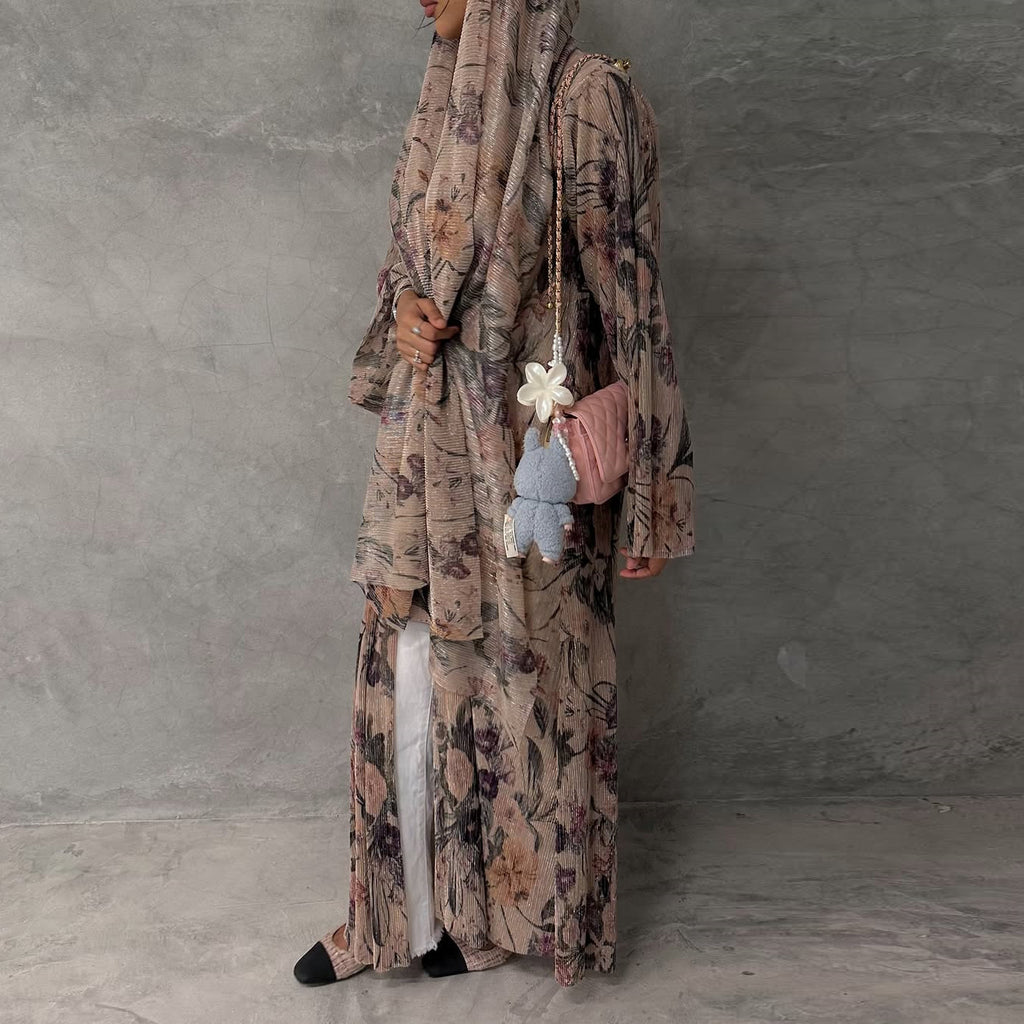 Mq231Modest Women's Long-Sleeved Pleated Cardigan Printed Coat with Outer Robe