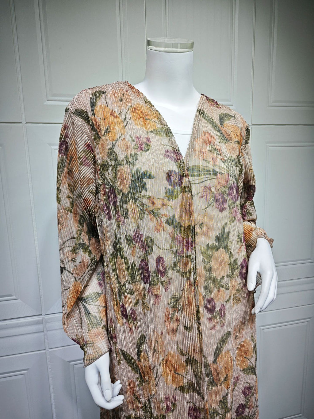 Mq231Modest Women's Long-Sleeved Pleated Cardigan Printed Coat with Outer Robe