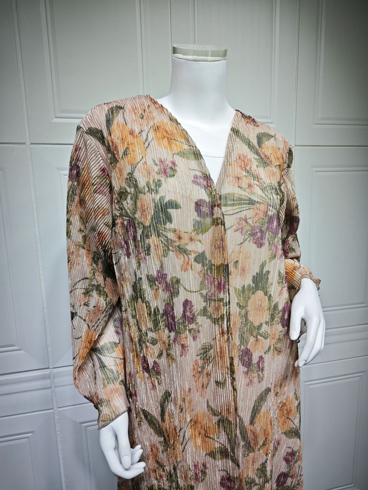 Mq231Modest Women's Long-Sleeved Pleated Cardigan Printed Coat with Outer Robe