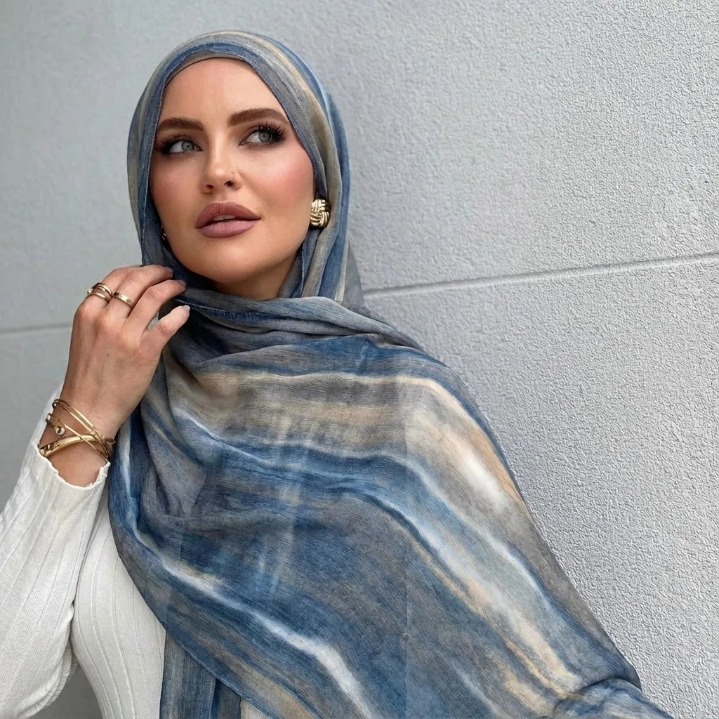 Ramadan Watercolor Modal Hijab Women Bohemian Watercolor Soft Muslim Hijabs Floral Breathable Shawl Wrap Scarf Headscarf Warm