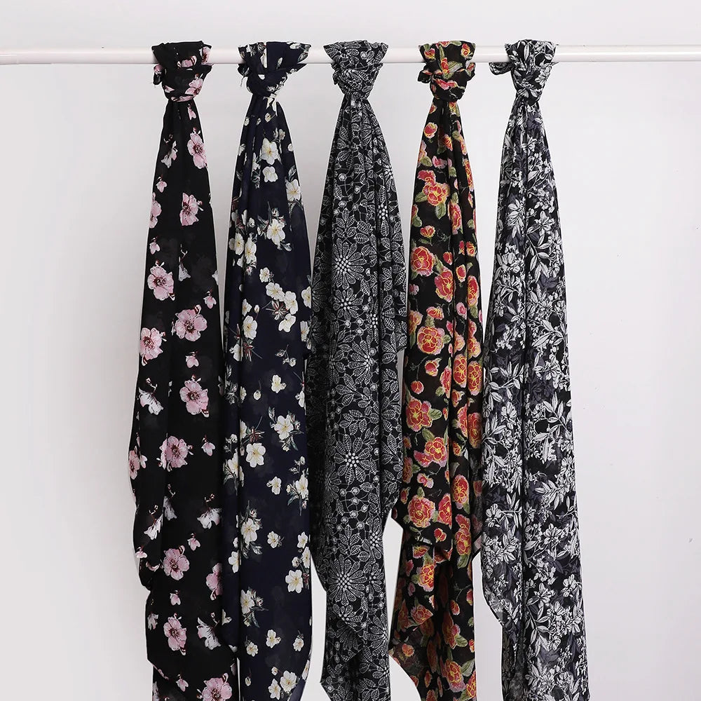 New Printed Hijabs Shawl Bubble Chiffon Hijabs Woman Design Flower Shawls Muslim Scarves Headscarf Wraps Turbans Long Scarves