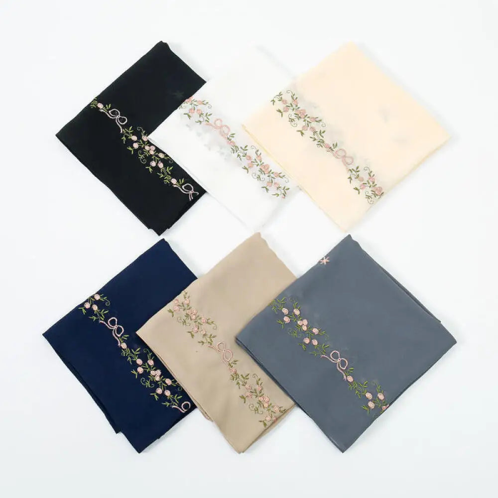 Simple Floral Embroidered Tudung Shawl, Soft Breathable Lightweight Scarf for Muslim Women Daily Wear Headscarf Accessories