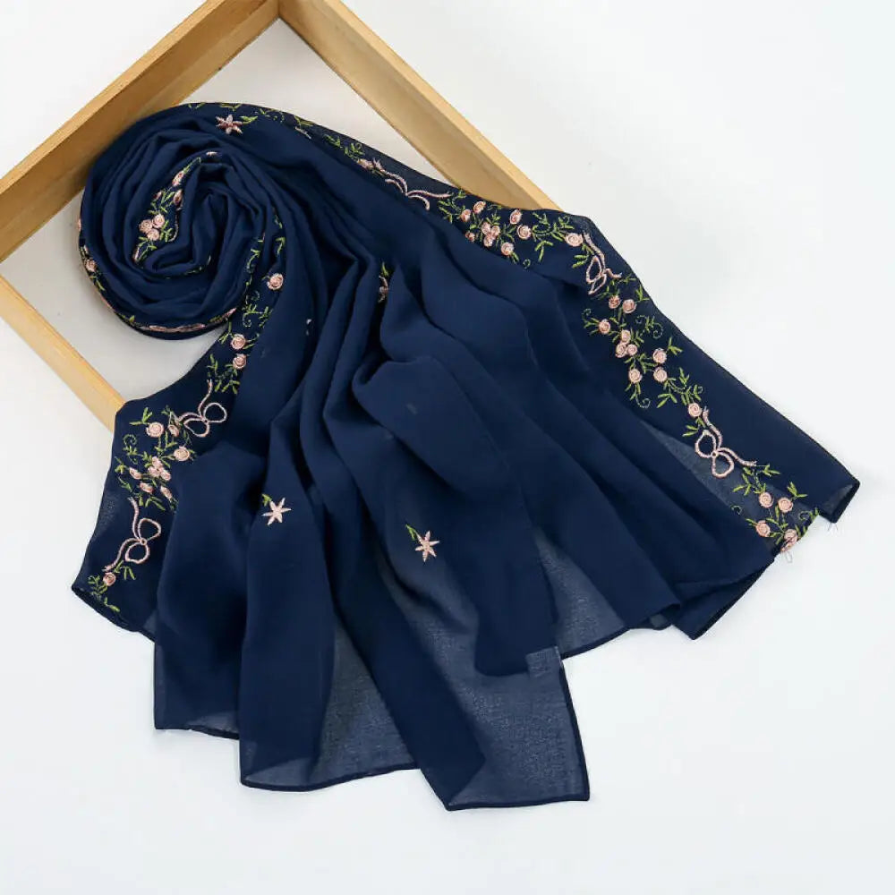 Simple Floral Embroidered Tudung Shawl, Soft Breathable Lightweight Scarf for Muslim Women Daily Wear Headscarf Accessories