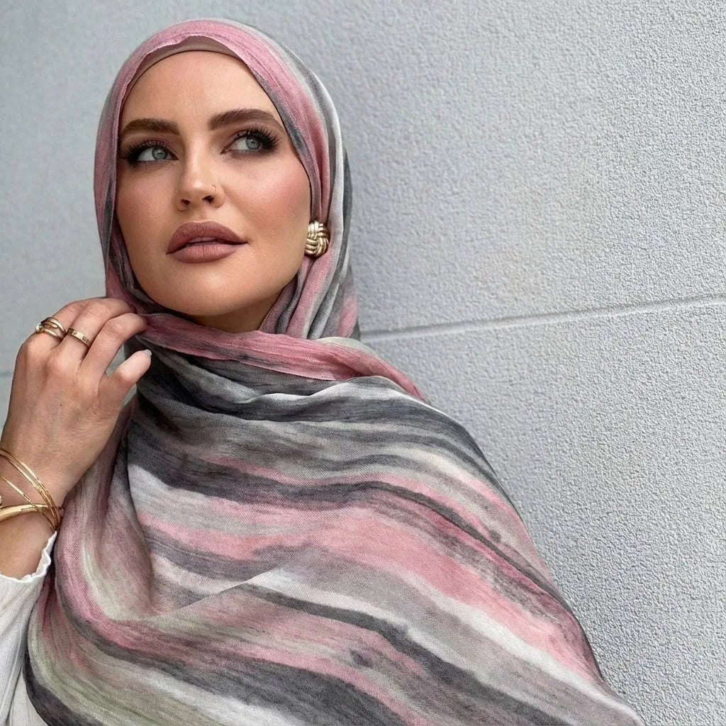 Ramadan Watercolor Modal Hijab Women Bohemian Watercolor Soft Muslim Hijabs Floral Breathable Shawl Wrap Scarf Headscarf Warm