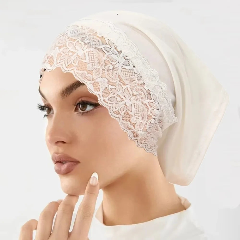 Comfortable Fit Elegant Hijab Cap Lace Edge Breathable Headscarf Hat Solid Color Soft Undercap Women Headwear