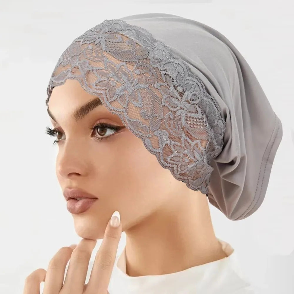 Comfortable Fit Elegant Hijab Cap Lace Edge Breathable Headscarf Hat Solid Color Soft Undercap Women Headwear
