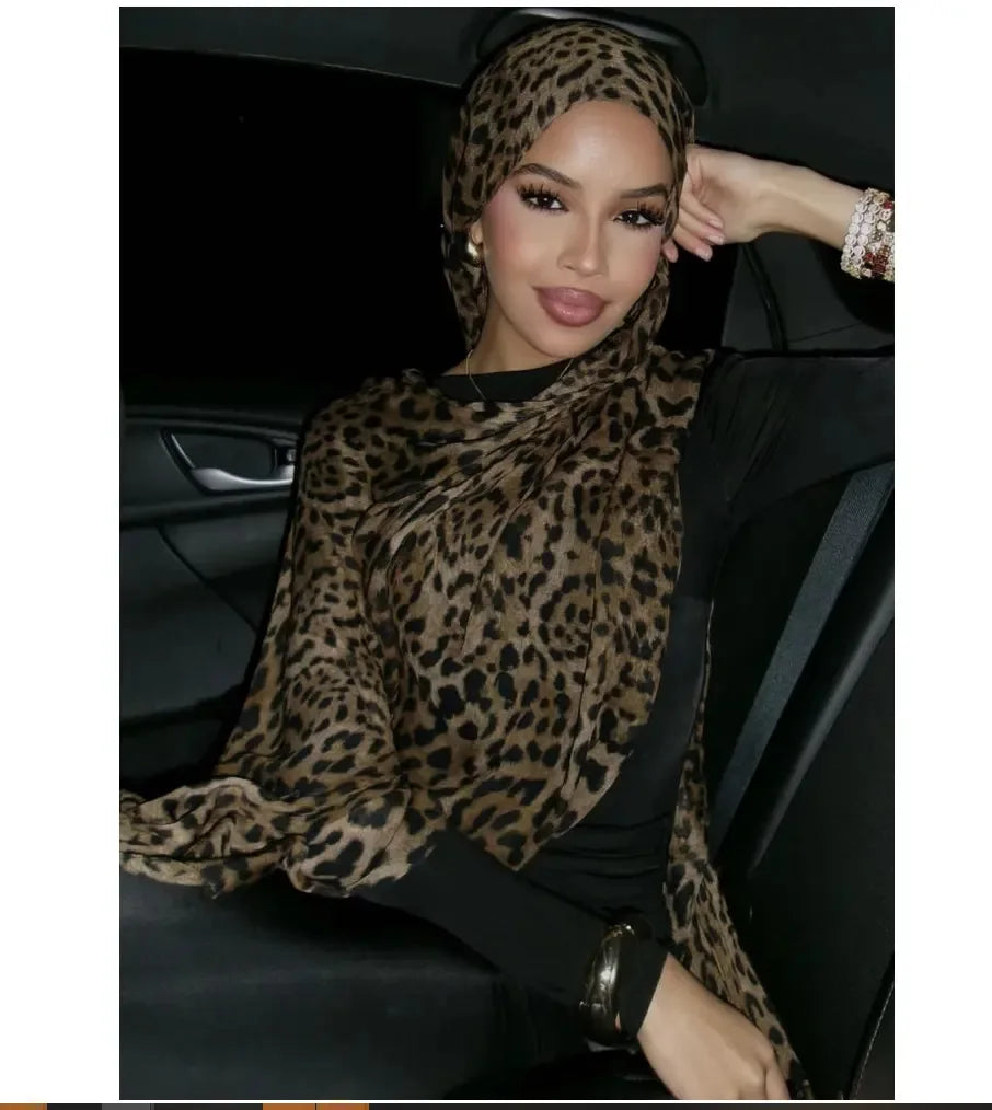 New Ramadan Hijab Leopard Print Women Bohemian Watercolor Soft Muslim Hijabs Floral Breathable Shawl Wrap Scarf Headscarf Warm