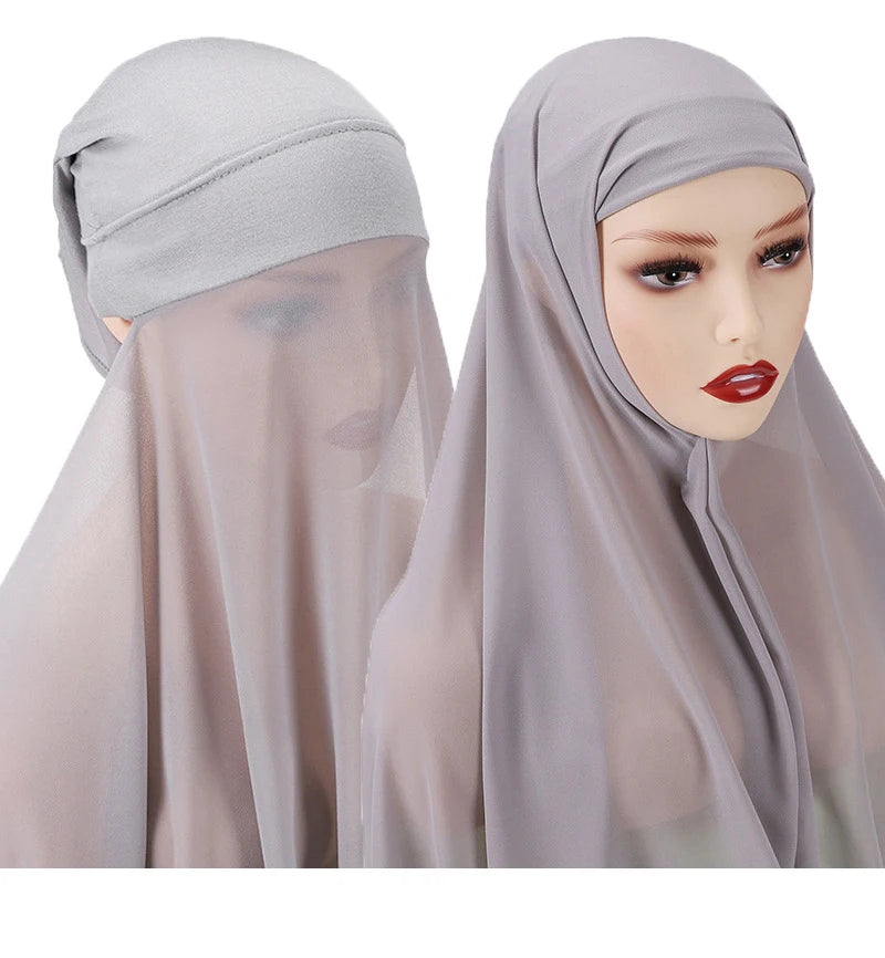 Instant Hijabs With Cap Plain Chiffon Jersey Hijabs For Woman Veil Muslim Islamic Hijab Cap Scarf For Women's Hijabs Headscarf