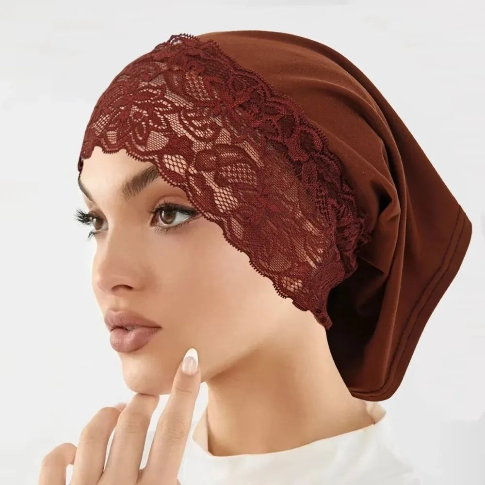 Comfortable Fit Elegant Hijab Cap Lace Edge Breathable Headscarf Hat Solid Color Soft Undercap Women Headwear
