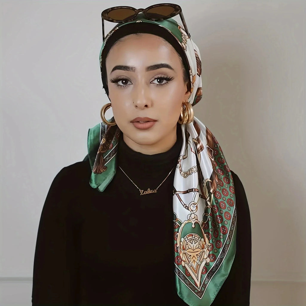 Chain Printed Square Hijab Scarf Stylish Thin Satin Shawl Elegant Style Sunscreen Headscarf For Women