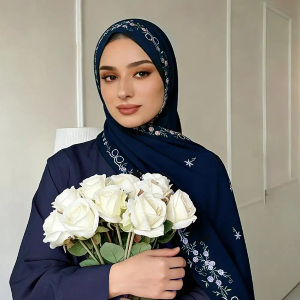 Simple Floral Embroidered Tudung Shawl, Soft Breathable Lightweight Scarf for Muslim Women Daily Wear Headscarf Accessories