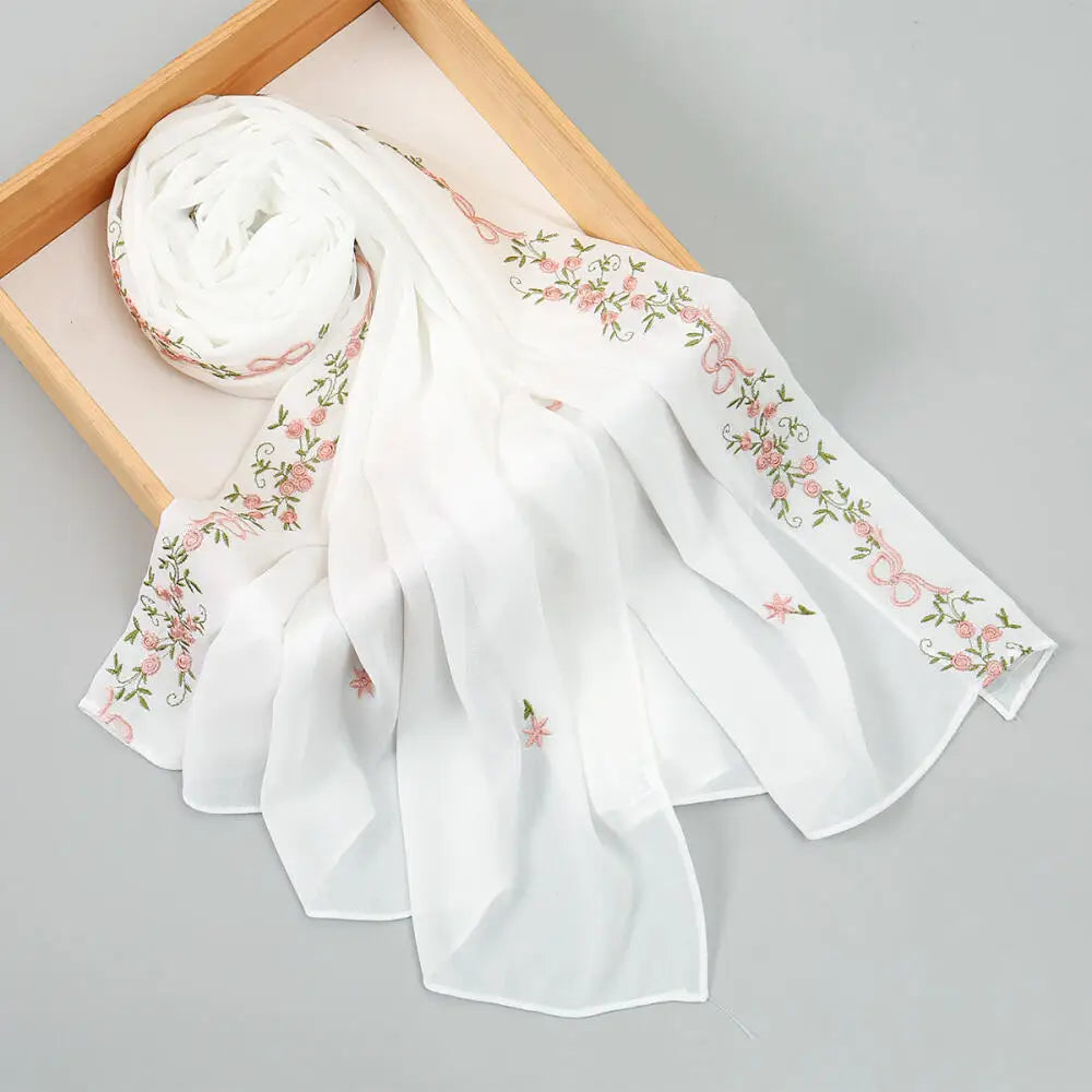 Simple Floral Embroidered Tudung Shawl, Soft Breathable Lightweight Scarf for Muslim Women Daily Wear Headscarf Accessories