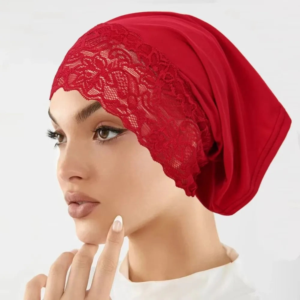 Comfortable Fit Elegant Hijab Cap Lace Edge Breathable Headscarf Hat Solid Color Soft Undercap Women Headwear