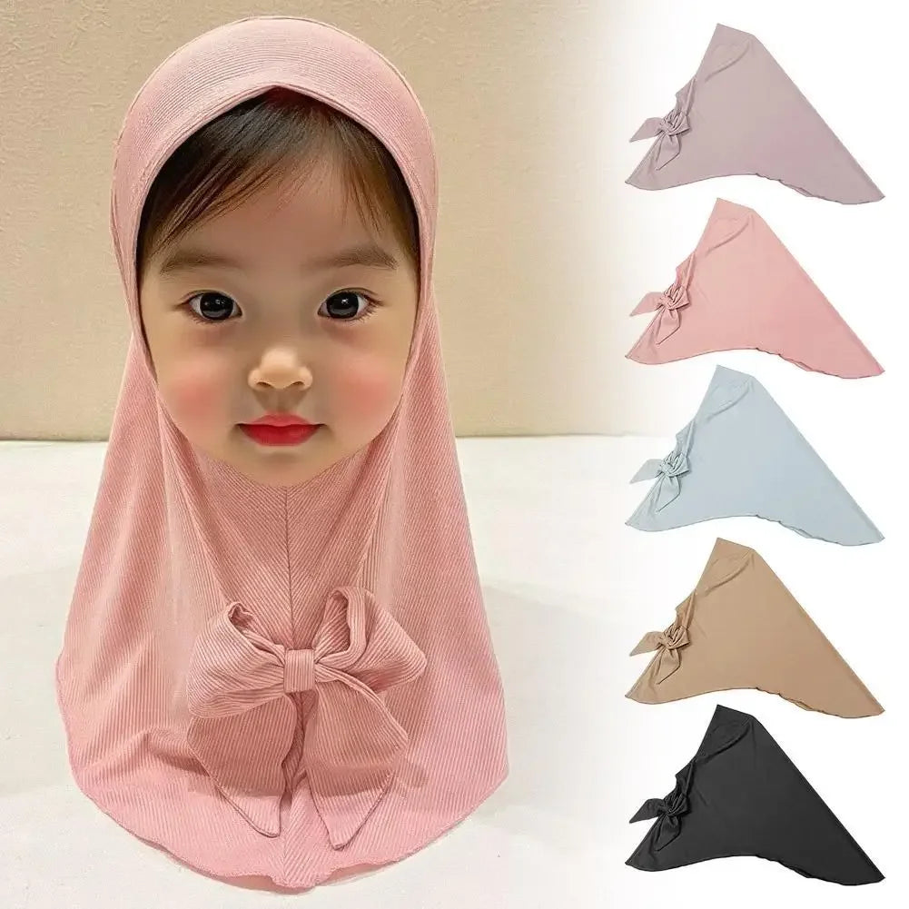 For 2 To 6 Years Old Children Fabric Type Muslim Kids Girls Hijab Vertical Stripe Worship Hat Summer Accessory