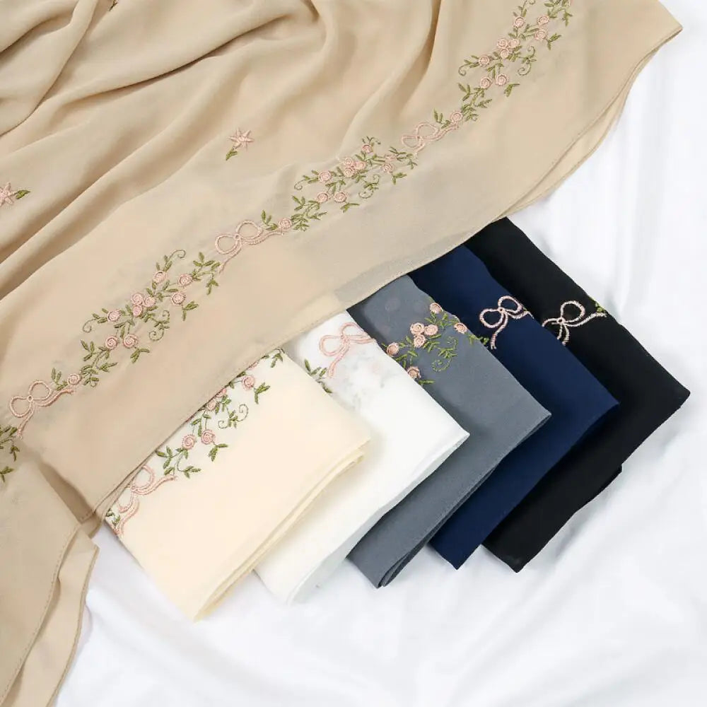 Simple Floral Embroidered Tudung Shawl, Soft Breathable Lightweight Scarf for Muslim Women Daily Wear Headscarf Accessories
