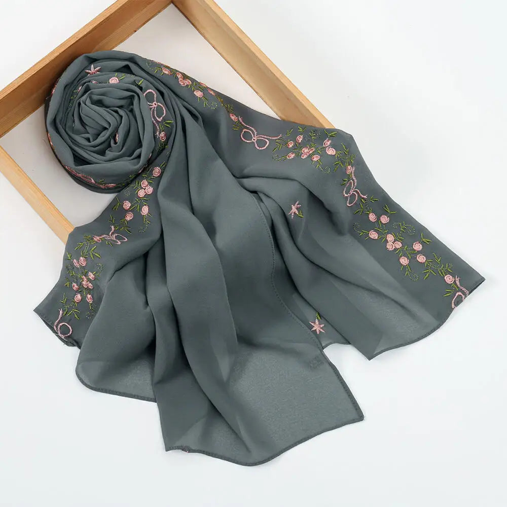Simple Floral Embroidered Tudung Shawl, Soft Breathable Lightweight Scarf for Muslim Women Daily Wear Headscarf Accessories