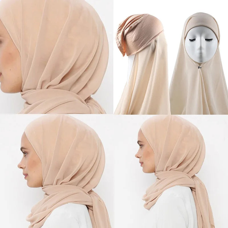 Instant Hijabs With Cap Plain Chiffon Jersey Hijabs For Woman Veil Muslim Islamic Hijab Cap Scarf For Women's Hijabs Headscarf