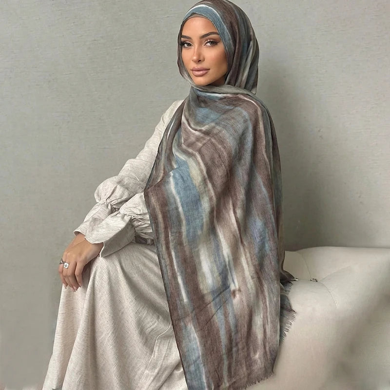 Ramadan Watercolor Modal Hijab Women Bohemian Watercolor Soft Muslim Hijabs Floral Breathable Shawl Wrap Scarf Headscarf Warm