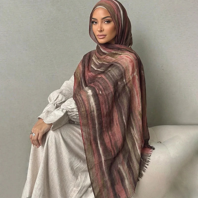 Ramadan Watercolor Modal Hijab Women Bohemian Watercolor Soft Muslim Hijabs Floral Breathable Shawl Wrap Scarf Headscarf Warm