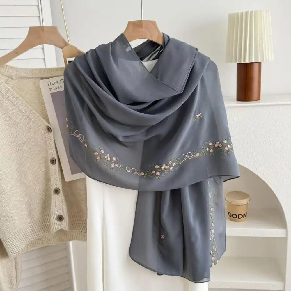 Simple Floral Embroidered Tudung Shawl, Soft Breathable Lightweight Scarf for Muslim Women Daily Wear Headscarf Accessories
