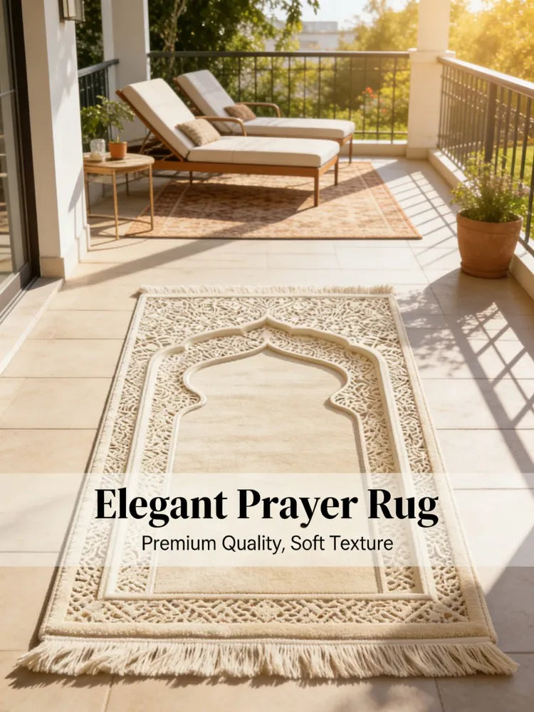 Elegant Beige Muslim Prayer Mat Washable Islamic Sajjadah with Fringe for Eid Gift