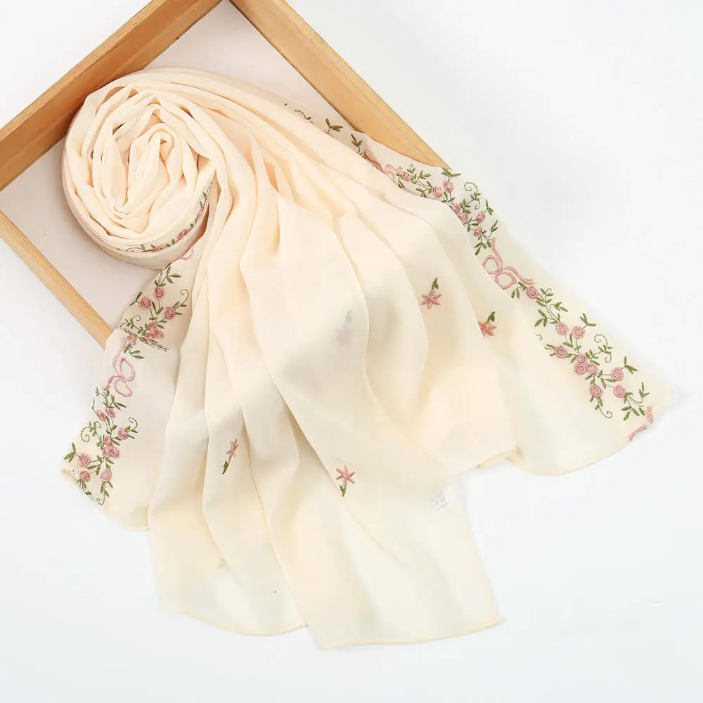 Simple Floral Embroidered Tudung Shawl, Soft Breathable Lightweight Scarf for Muslim Women Daily Wear Headscarf Accessories