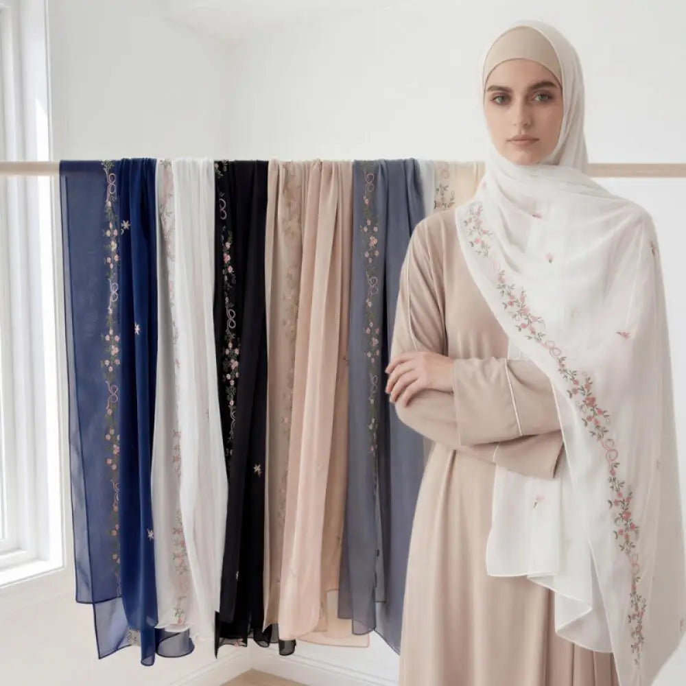 Simple Floral Embroidered Tudung Shawl, Soft Breathable Lightweight Scarf for Muslim Women Daily Wear Headscarf Accessories