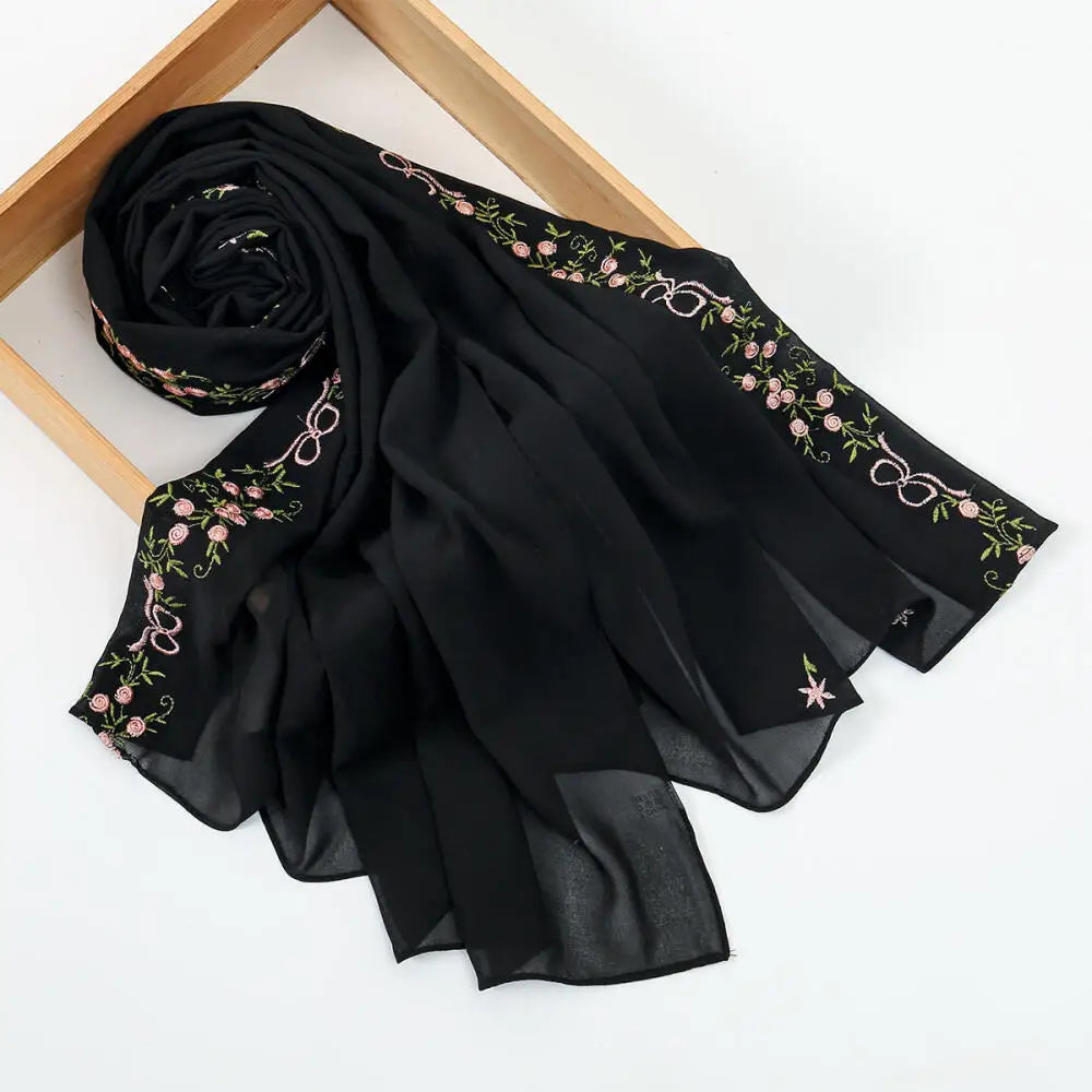 Simple Floral Embroidered Tudung Shawl, Soft Breathable Lightweight Scarf for Muslim Women Daily Wear Headscarf Accessories