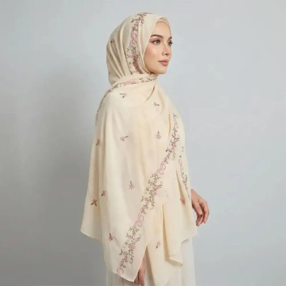 Simple Floral Embroidered Tudung Shawl, Soft Breathable Lightweight Scarf for Muslim Women Daily Wear Headscarf Accessories