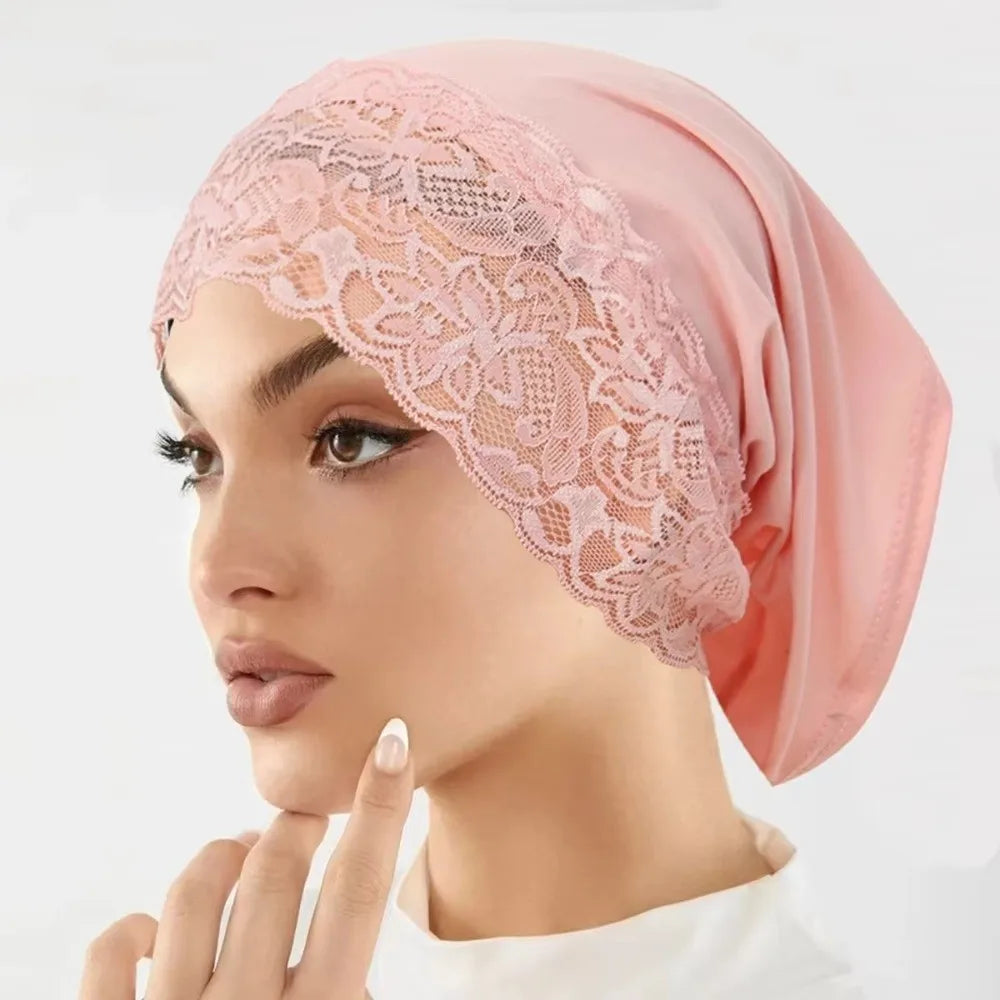 Comfortable Fit Elegant Hijab Cap Lace Edge Breathable Headscarf Hat Solid Color Soft Undercap Women Headwear