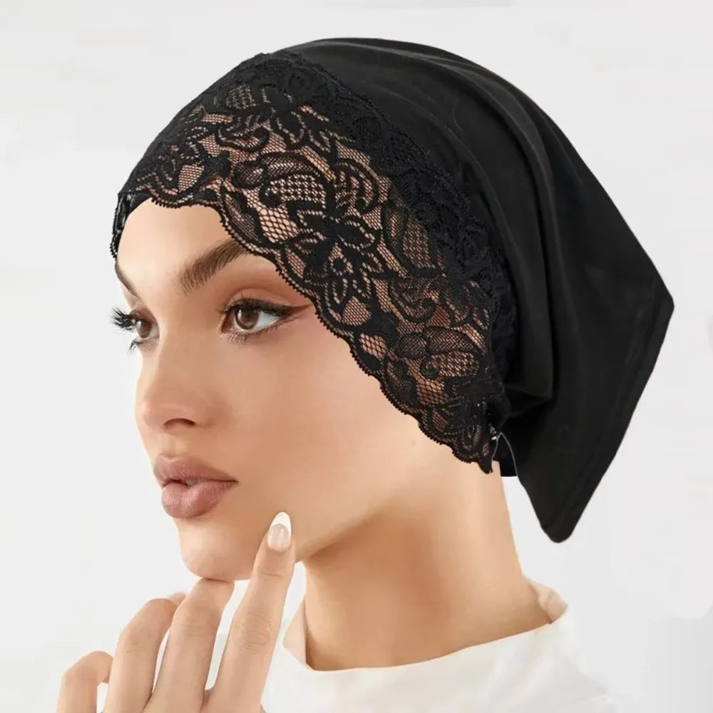 Comfortable Fit Elegant Hijab Cap Lace Edge Breathable Headscarf Hat Solid Color Soft Undercap Women Headwear