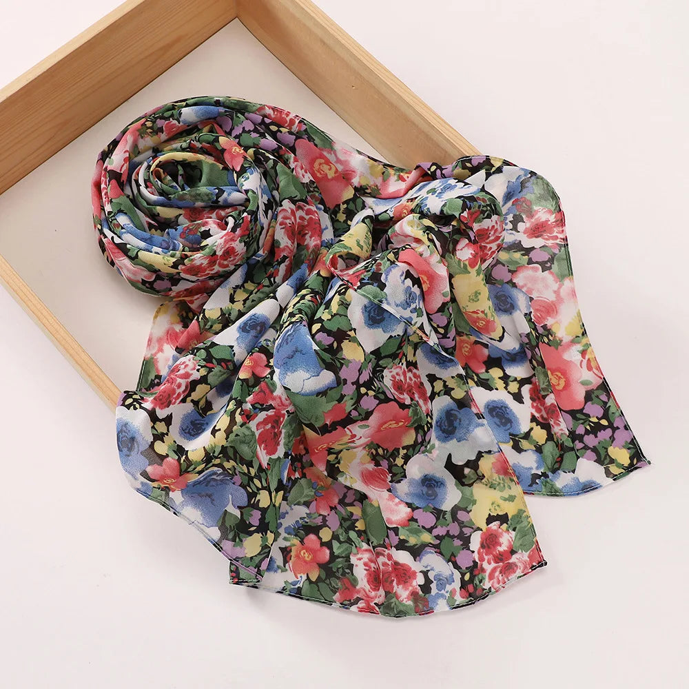 New Printed Hijabs Shawl Bubble Chiffon Hijabs Woman Design Flower Shawls Muslim Scarves Headscarf Wraps Turbans Long Scarves