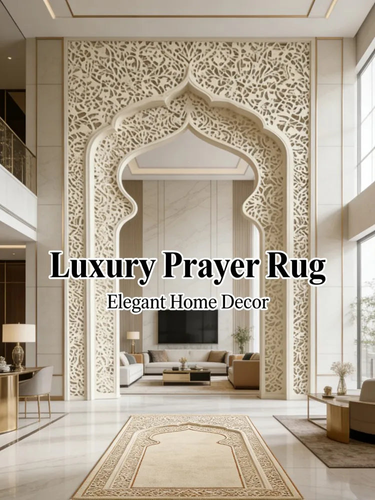 Elegant Beige Muslim Prayer Mat Washable Islamic Sajjadah with Fringe for Eid Gift