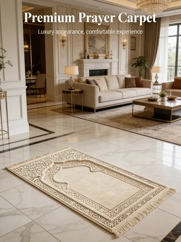 Elegant Beige Muslim Prayer Mat Washable Islamic Sajjadah with Fringe for Eid Gift