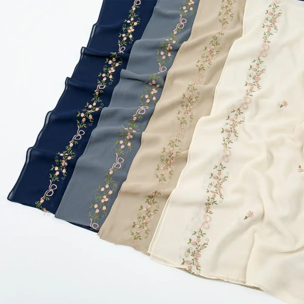 Simple Floral Embroidered Tudung Shawl, Soft Breathable Lightweight Scarf for Muslim Women Daily Wear Headscarf Accessories