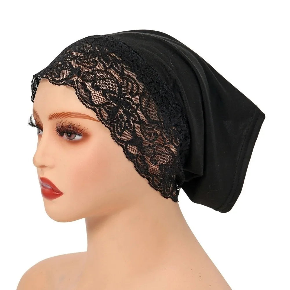 Comfortable Fit Elegant Hijab Cap Lace Edge Breathable Headscarf Hat Solid Color Soft Undercap Women Headwear