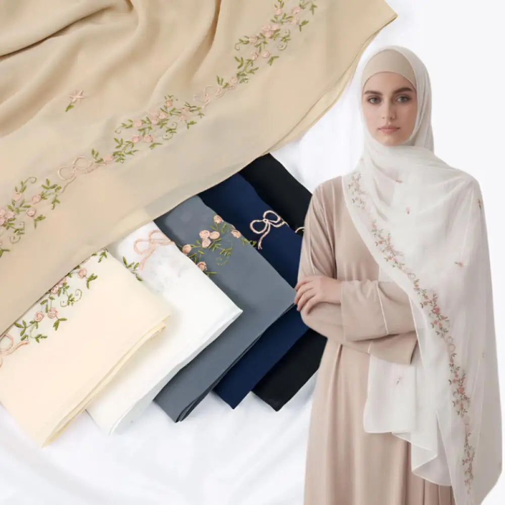 Simple Floral Embroidered Tudung Shawl, Soft Breathable Lightweight Scarf for Muslim Women Daily Wear Headscarf Accessories