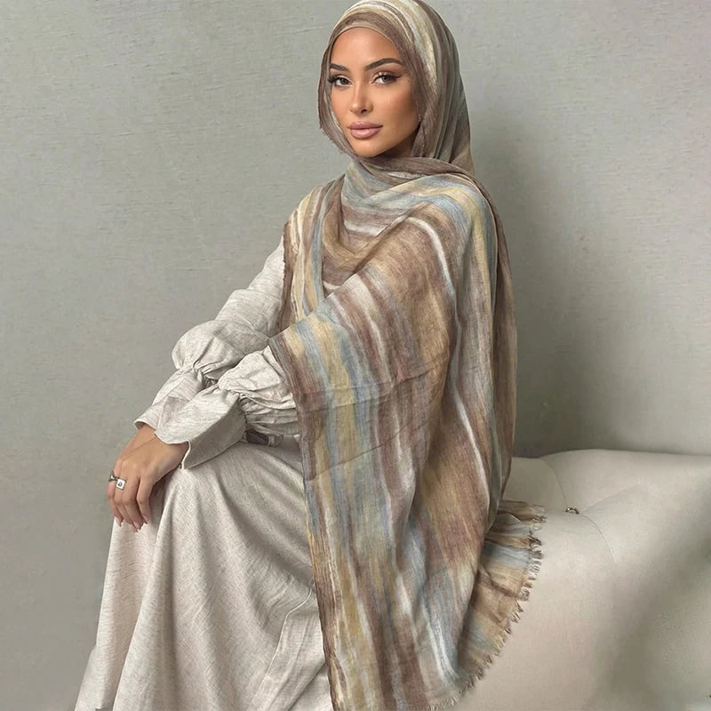 Ramadan Watercolor Modal Hijab Women Bohemian Watercolor Soft Muslim Hijabs Floral Breathable Shawl Wrap Scarf Headscarf Warm